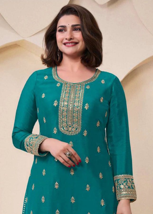 Teal Embroidered Sharara Suit