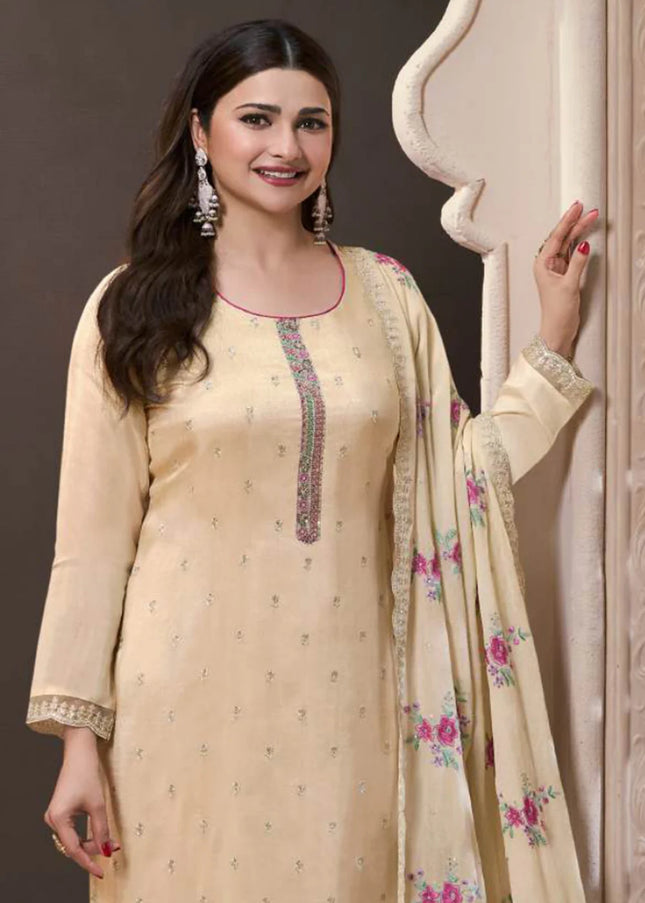 Cream Embroidered Pant Style Suit