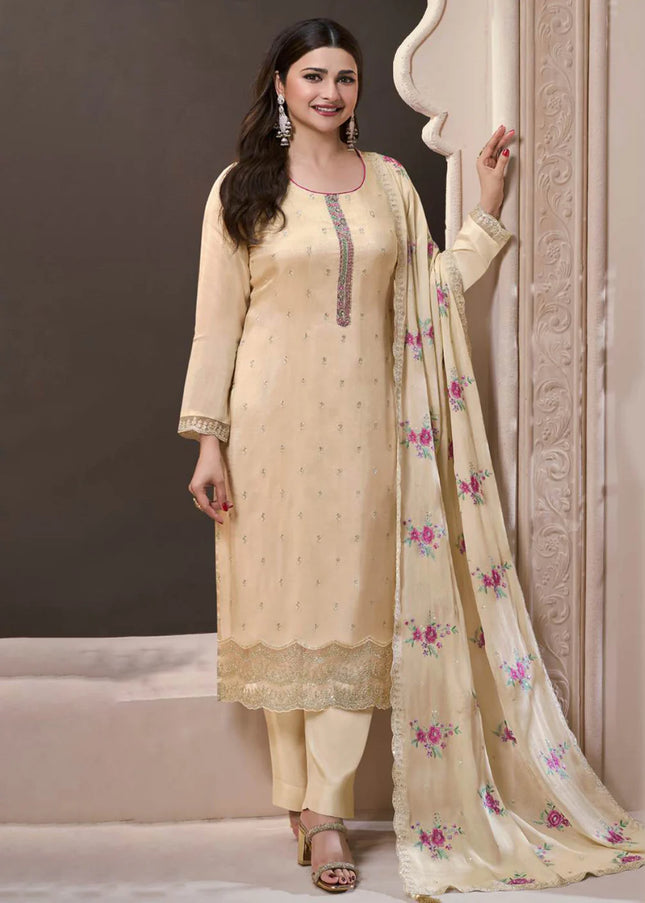 Cream Embroidered Pant Style Suit