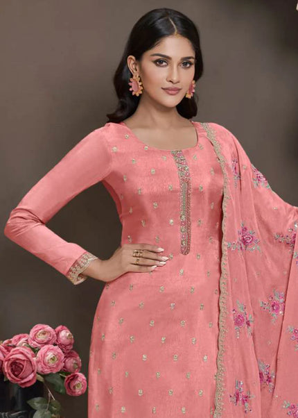 Peach Embroidered Pant Style Suit
