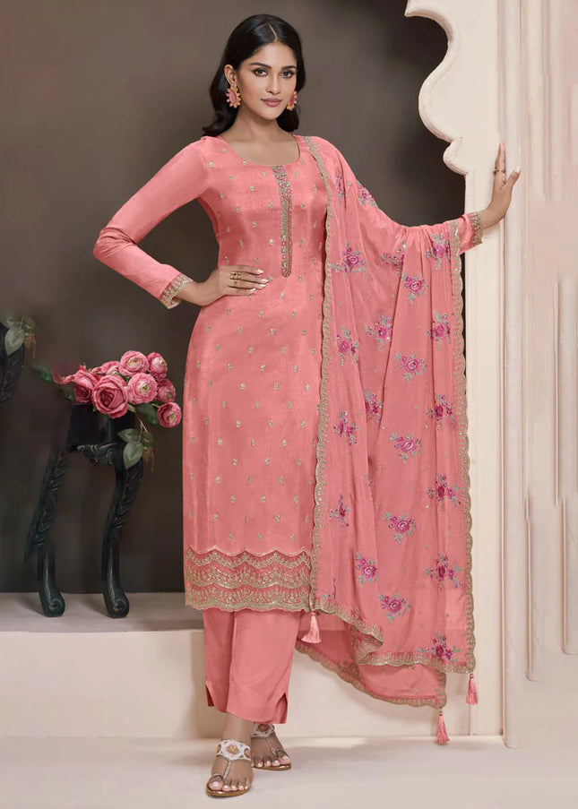 Peach Embroidered Pant Style Suit