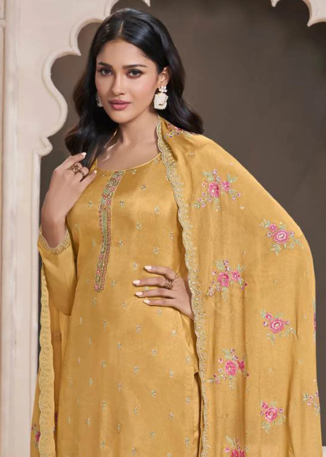 Mustard Yellow Embroidered Pant Style Suit