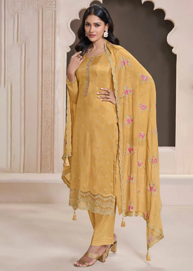 Mustard Yellow Embroidered Pant Style Suit
