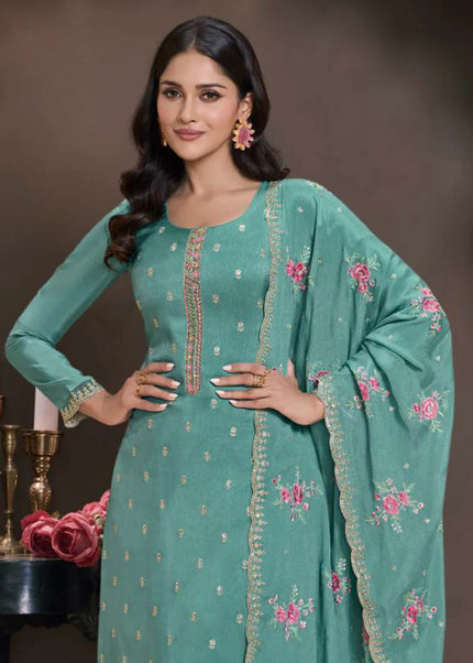 Aqua Embroidered Pant Style Suit