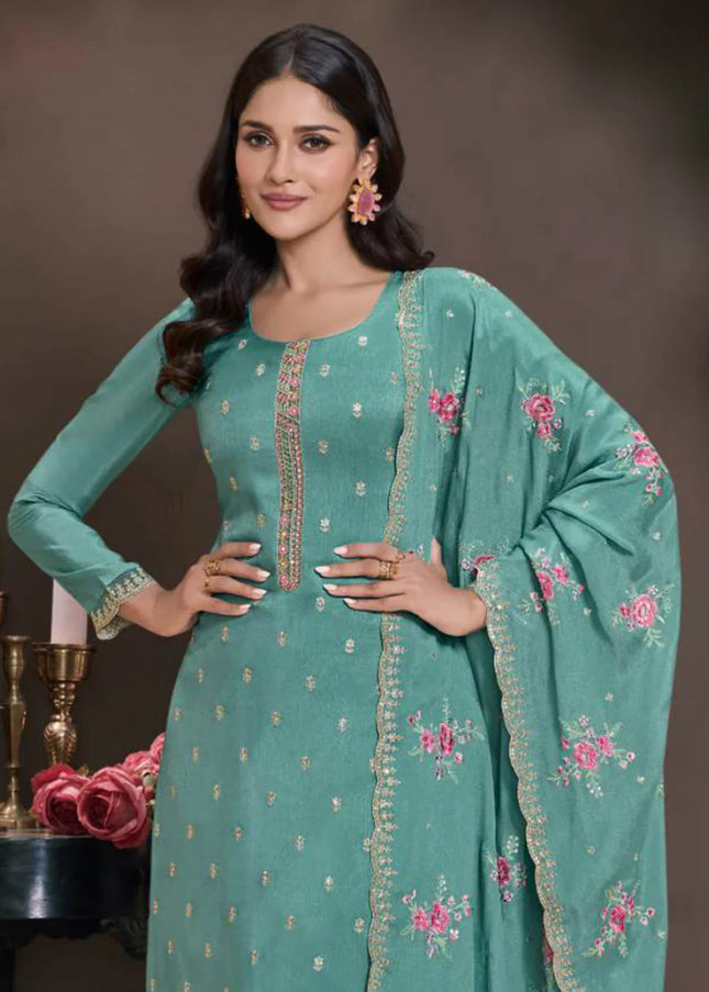 Aqua Embroidered Pant Style Suit
