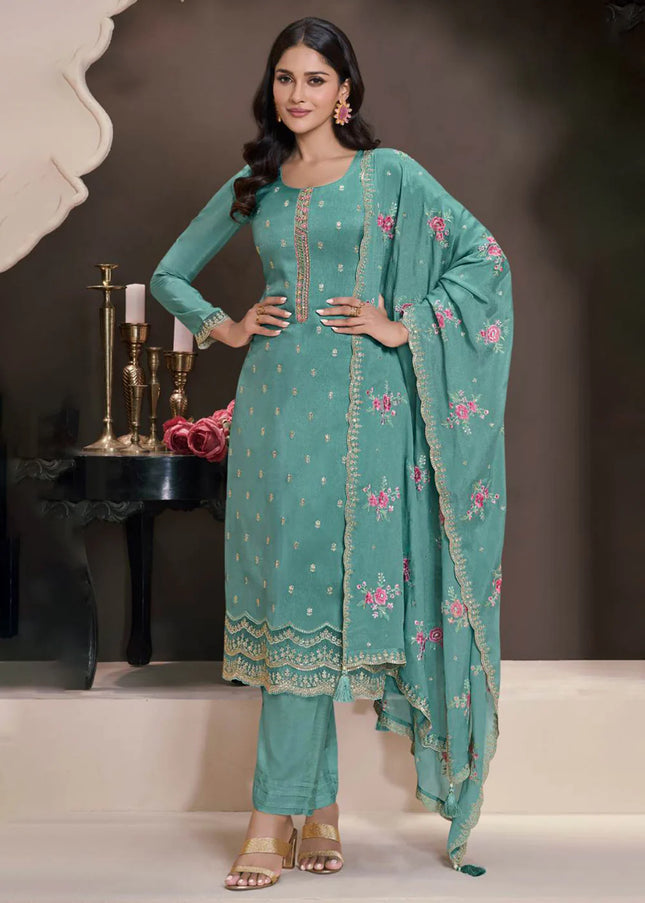 Aqua Embroidered Pant Style Suit