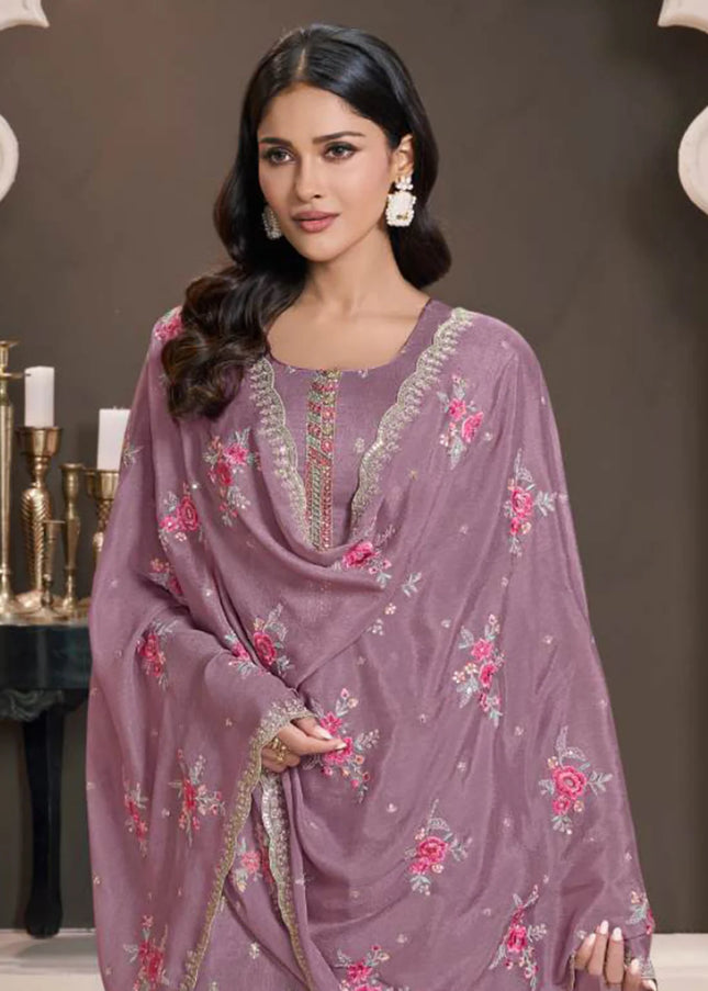 Mauve Embroidered Pant Style Suit