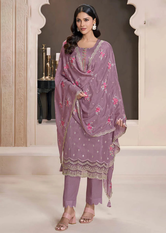 Mauve Embroidered Pant Style Suit
