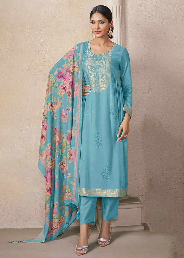 Sky Blue Embroidered Pant Suit