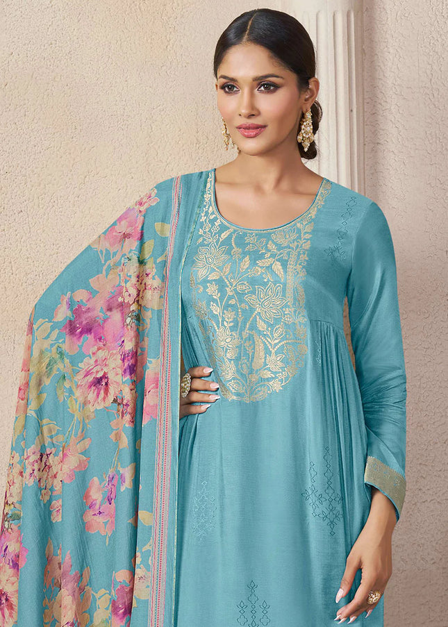 Sky Blue Embroidered Pant Suit