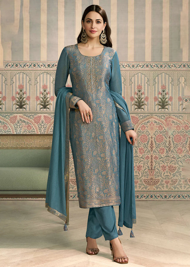 Teal Embroidered Pant Suit