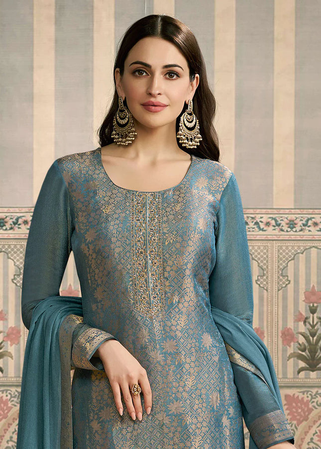 Teal Embroidered Pant Suit