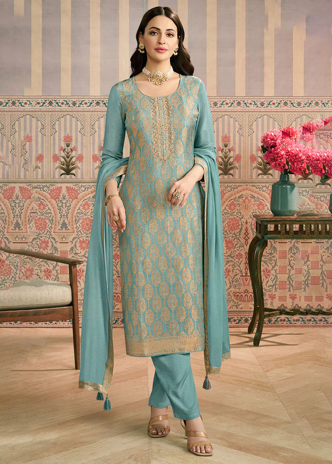 Sea Green Embroidered Pant Suit