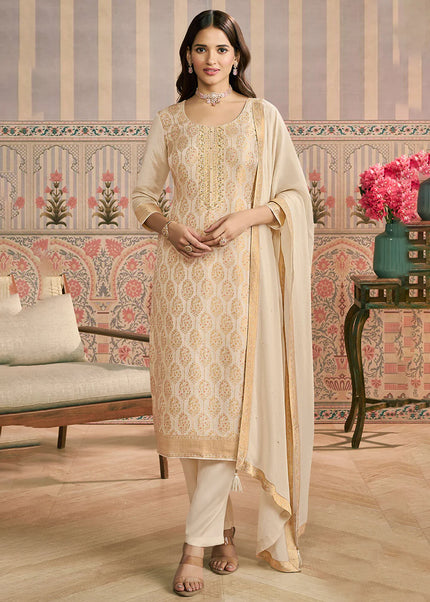 Cream Embroidered Pant Suit