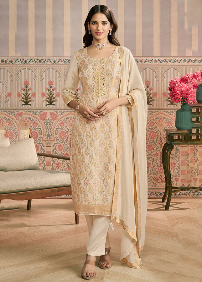 Cream Embroidered Pant Suit