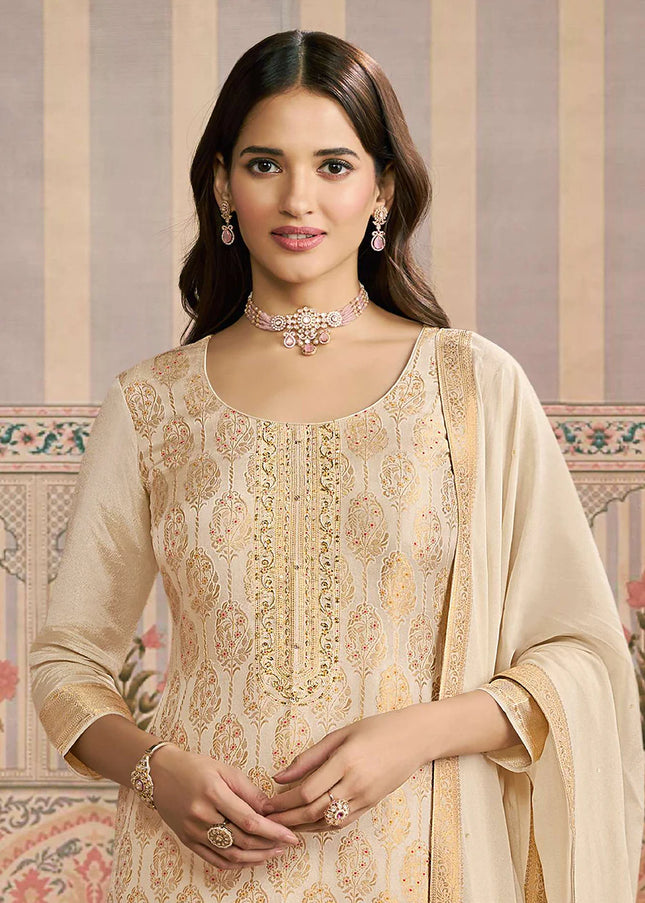 Cream Embroidered Pant Suit