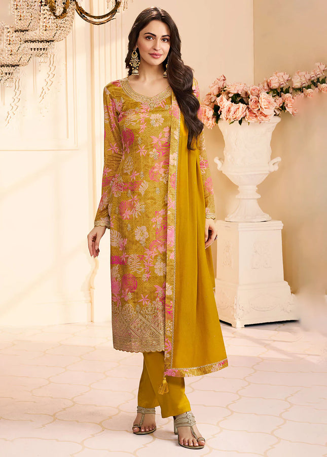 Mustard Yellow Embroidered Pant Suit