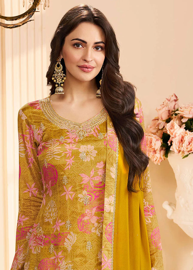Mustard Yellow Embroidered Pant Suit