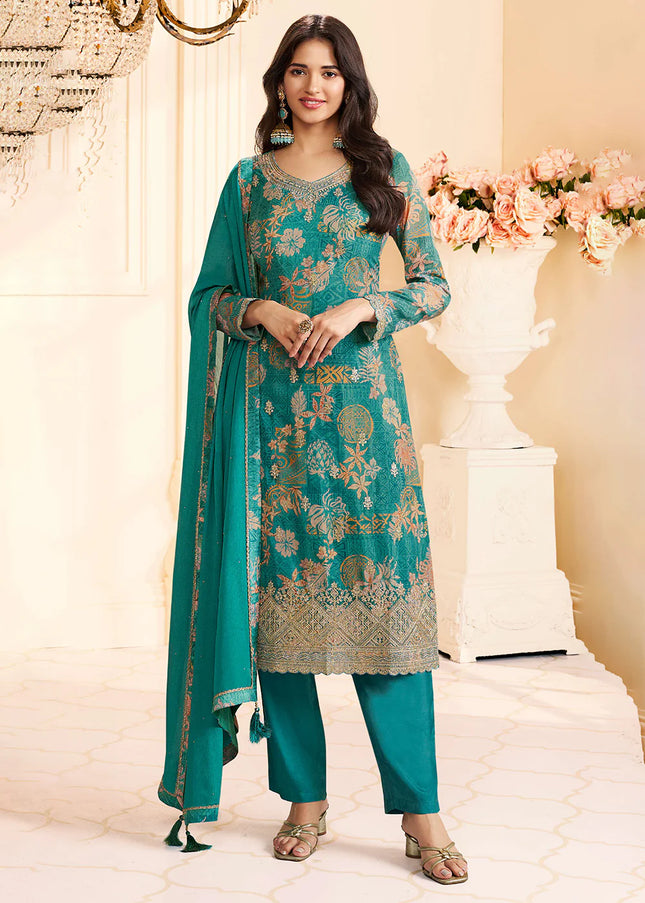 Teal Embroidered Pant Suit