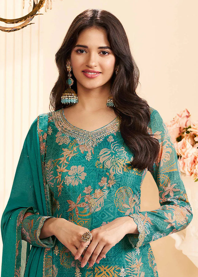 Teal Embroidered Pant Suit