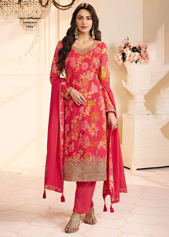 Red Embroidered Pant Suit