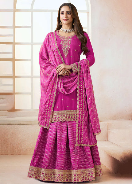Pink Printed and Embroidered Lehenga Suit
