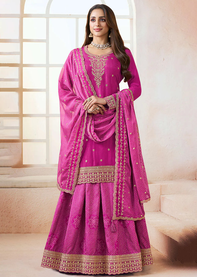 Pink Printed and Embroidered Lehenga Suit
