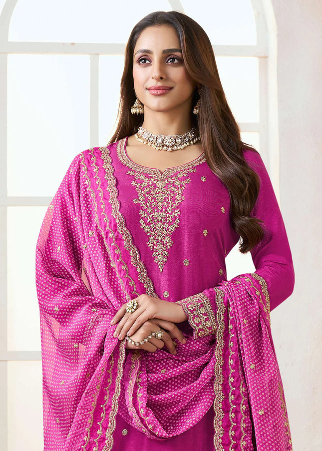 Pink Printed and Embroidered Lehenga Suit
