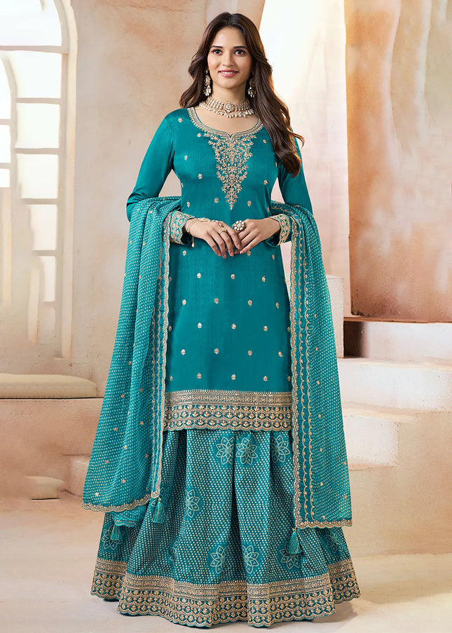 Teal Printed and Embroidered Lehenga Suit