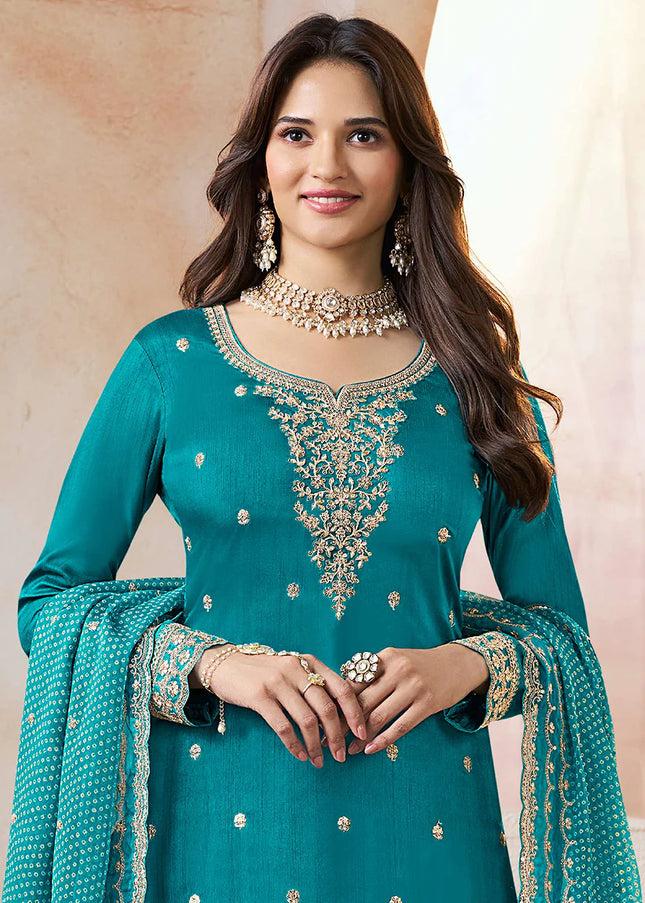 Teal Printed and Embroidered Lehenga Suit