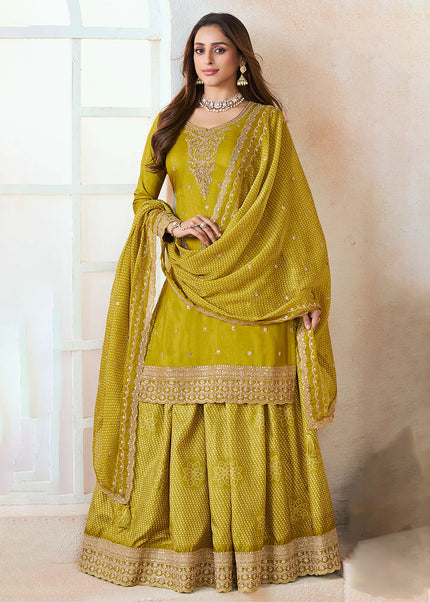 Mustard Yellow Printed and Embroidered Lehenga Suit