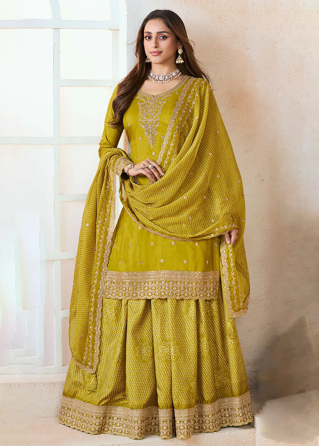 Mustard Yellow Printed and Embroidered Lehenga Suit