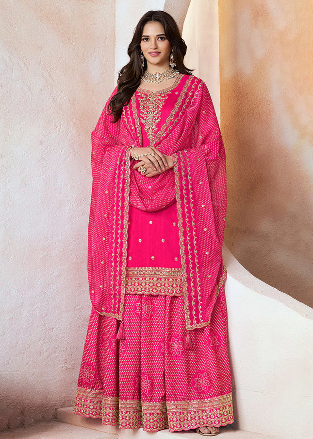 Pink Printed and Embroidered Lehenga Suit