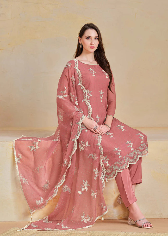 Mauve Embroidered Pant Suit