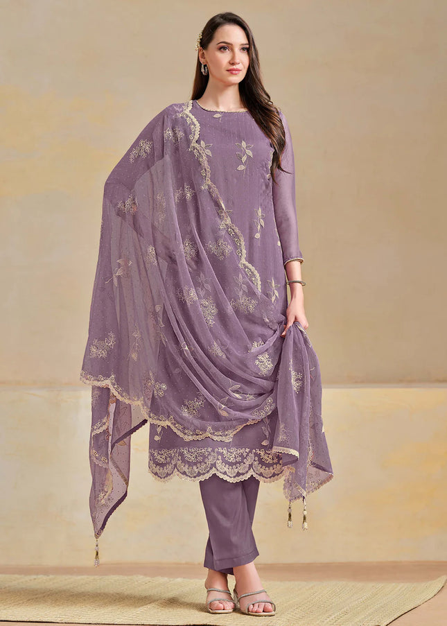 Purple Embroidered Pant Suit