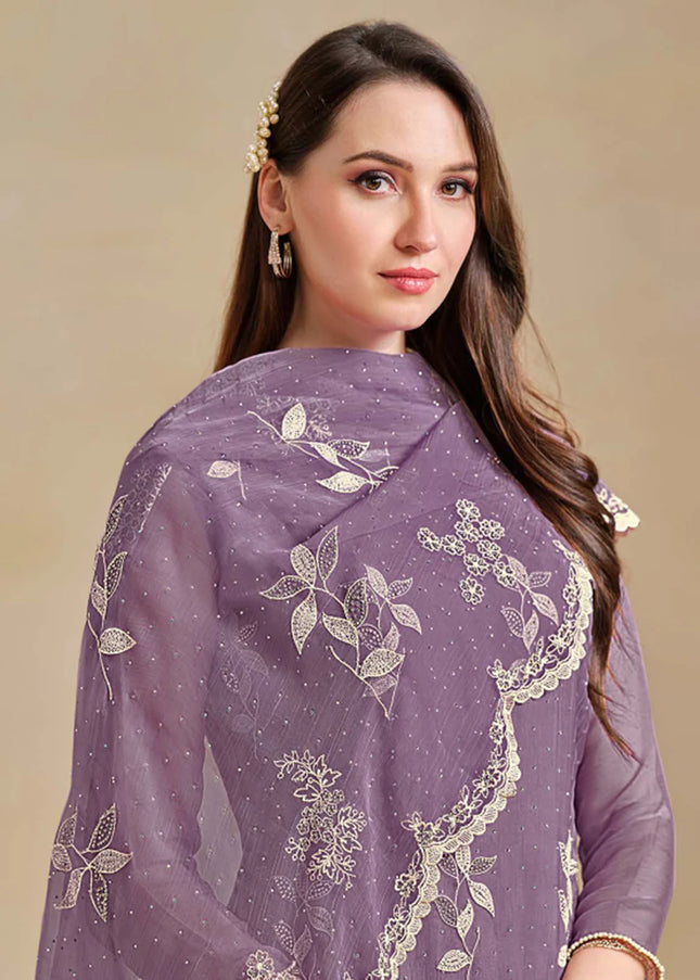 Purple Embroidered Pant Suit