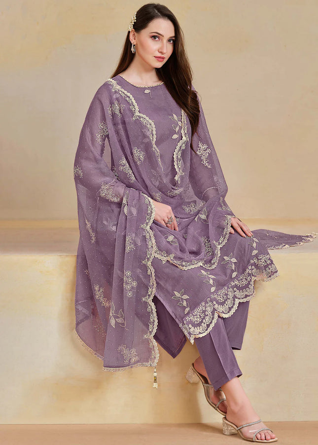 Purple Embroidered Pant Suit
