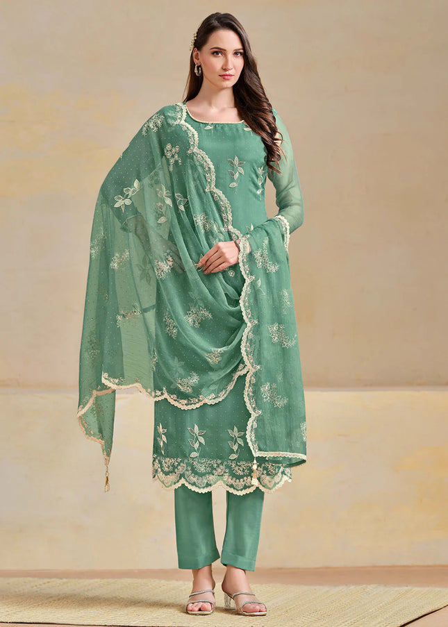 Teal Embroidered Pant Suit