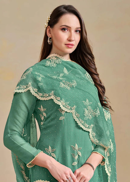 Teal Embroidered Pant Suit