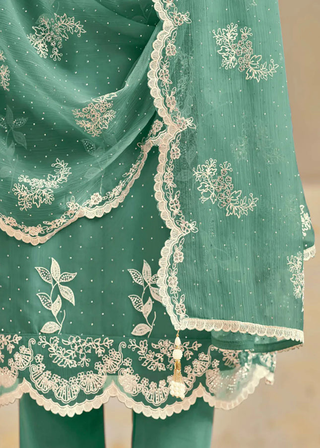 Teal Embroidered Pant Suit