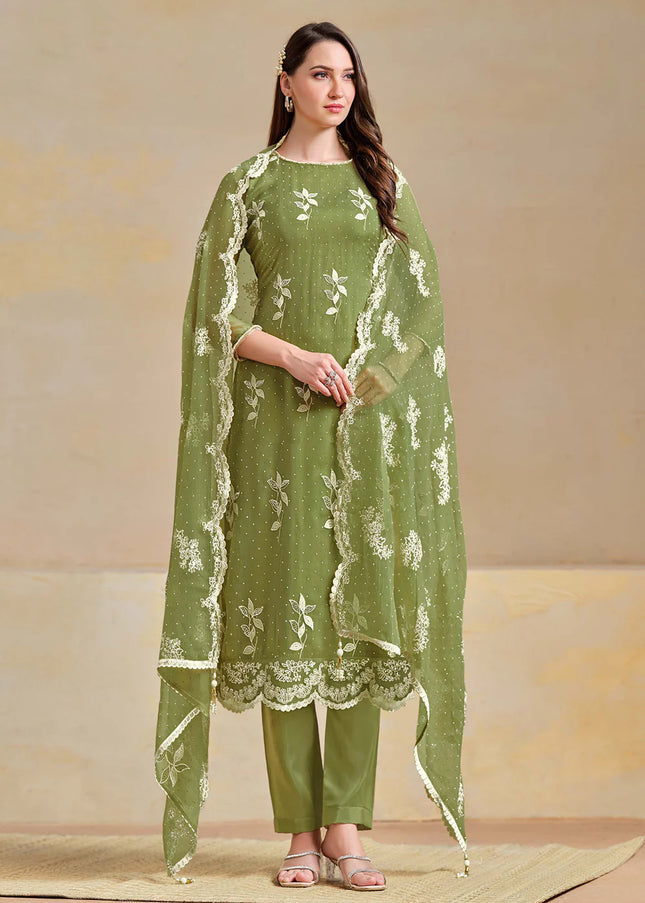 Green Embroidered Pant Suit