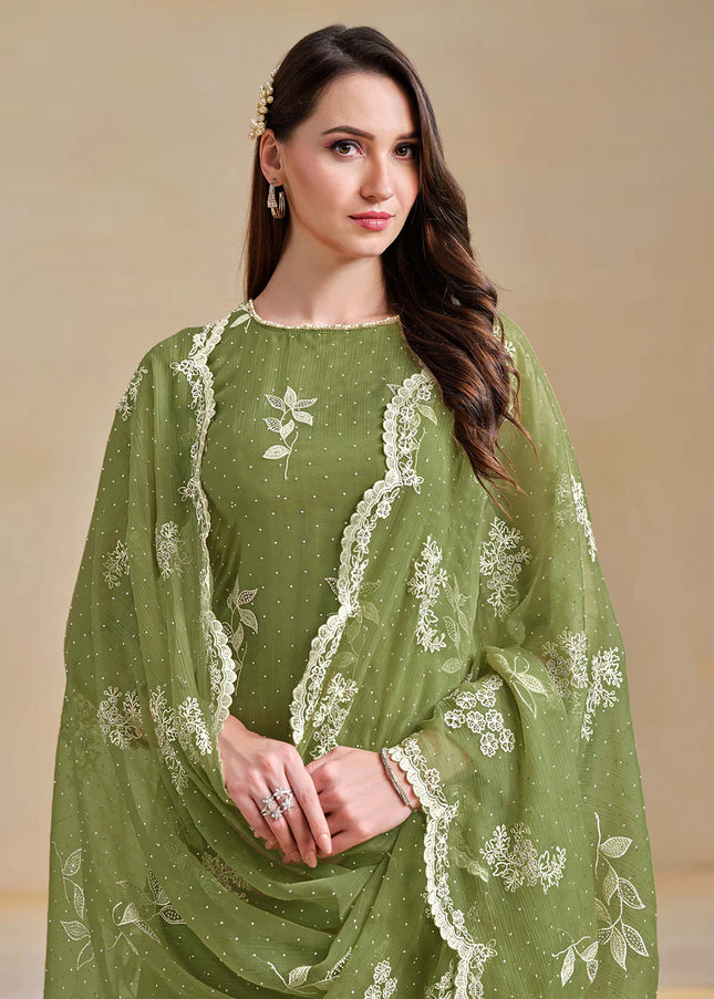 Green Embroidered Pant Suit