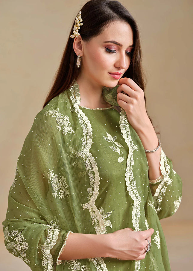 Green Embroidered Pant Suit