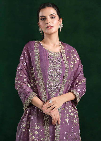 Purple Embroidered Pant Suit