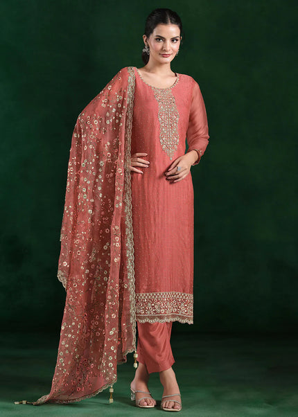 Peach Embroidered Pant Suit