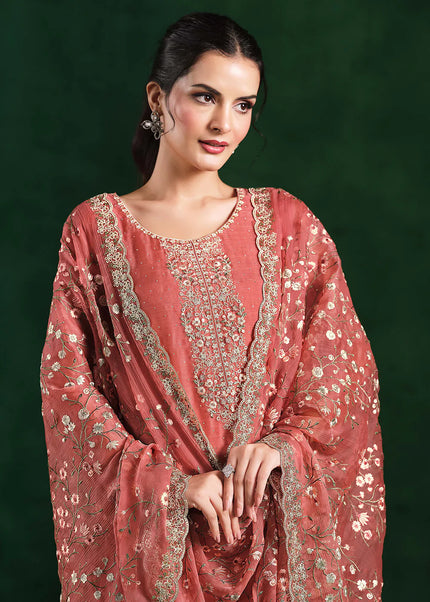 Peach Embroidered Pant Suit