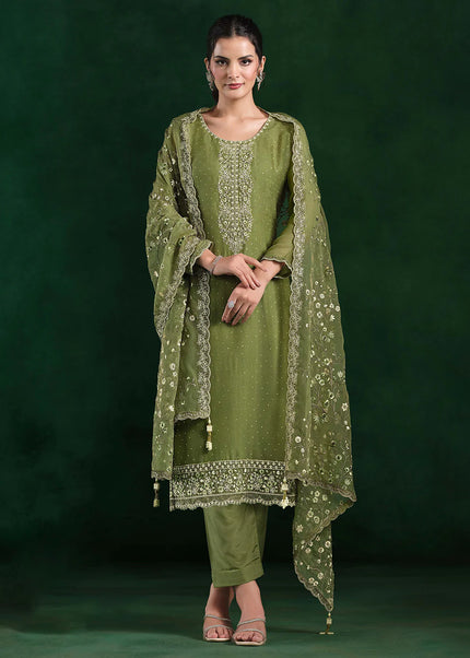 Green Embroidered Pant Suit