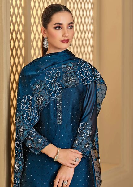 Blue Embroidered Pant Suit