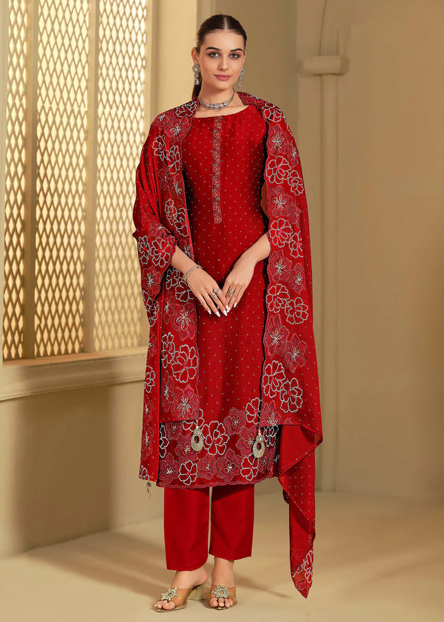 Red Embroidered Pant Suit