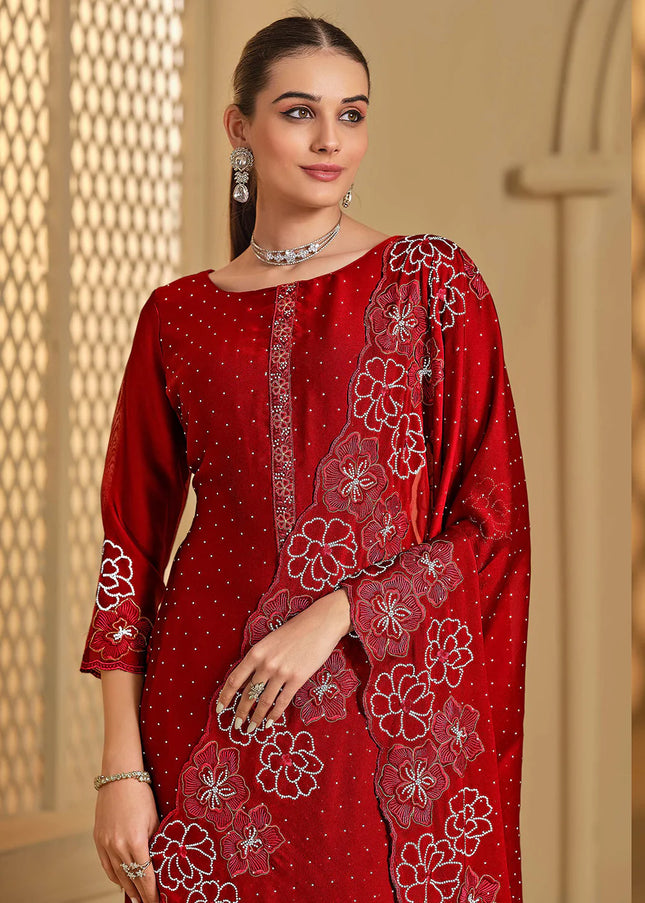 Red Embroidered Pant Suit